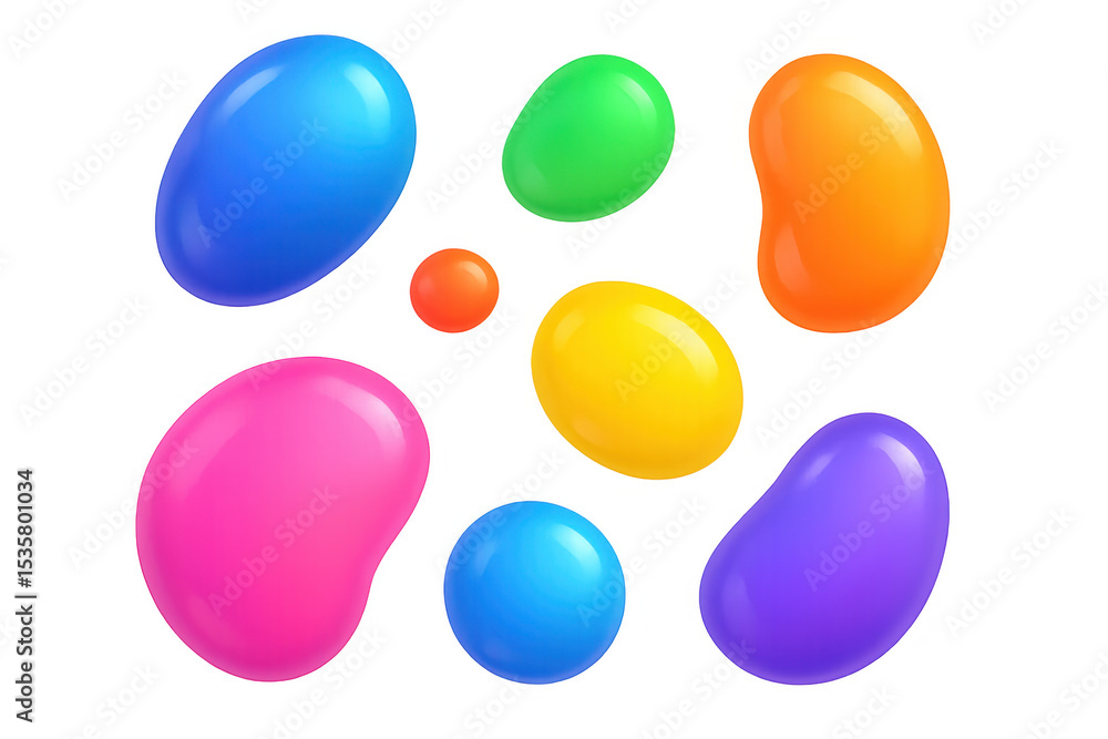 Poster colorful jelly beans of various shapes and sizes float against a transparent background, creating a 