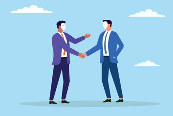 Vector illustration of two businessmen wearing scam masks shaking hands, representing deceitful agreements, hidden motives, and untrustworthy partnerships in the business world
