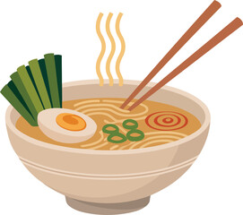 Realistic Ramen Bowl Illustration with Noodles, Egg, and Chopsticks Present.
