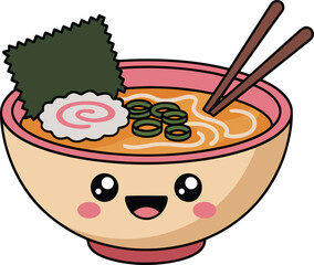 Cute Ramen Bowl Illustration with Happy Face, Noodles, and Chopsticks Present.