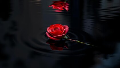 Surreal distorted reflection of single red rose in dark water, macro, puddle reflection