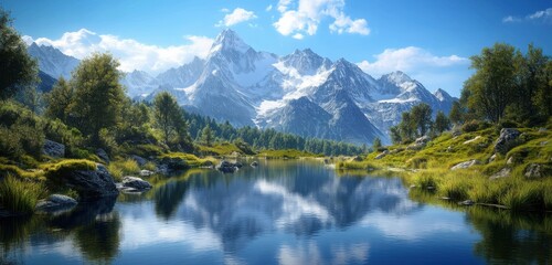 Fototapeta premium An ultra realistic scene depicting mountain landscapes untouched by development in a natural environment.