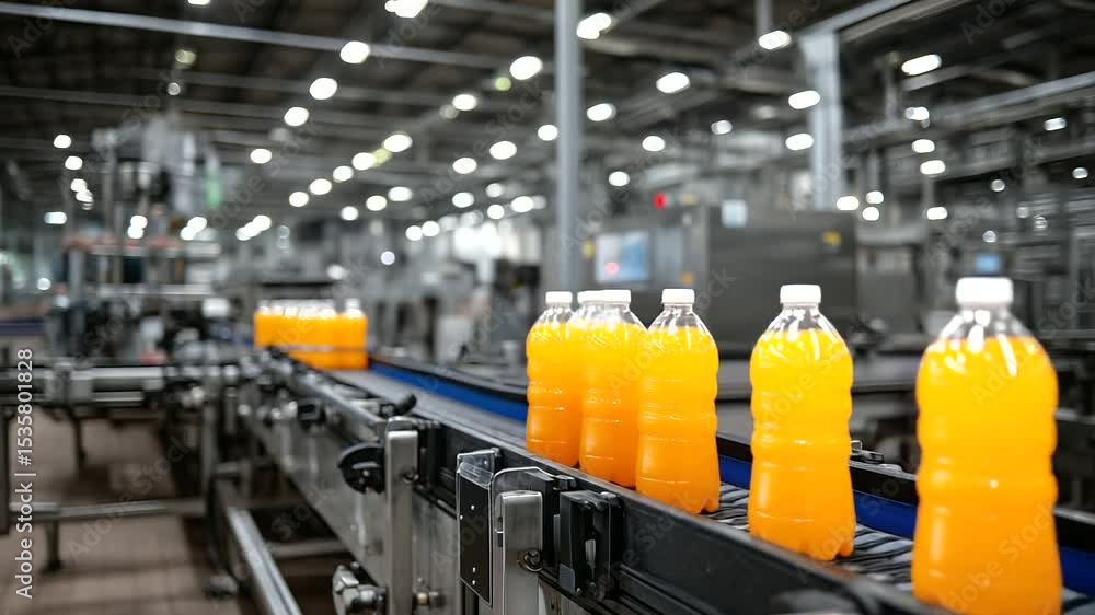 Poster industrial juice factory with endless lines of capped strawberry juice bottles moving on a conveyor 