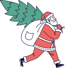 Jolly Santa Claus Carrying Christmas Tree and Gift Sack