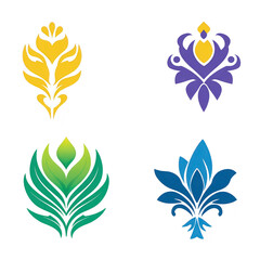 Obraz premium Four colorful floral motifs yellow, purple, green, and blue, each with unique symmetrical designs, are displayed transparency background. vibrant colors and intricate patterns create elegant