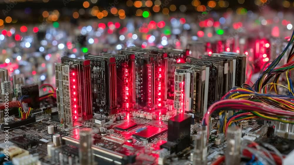 Poster intense macro image of a crypto miner board under load, red leds shining between tangled wires and m