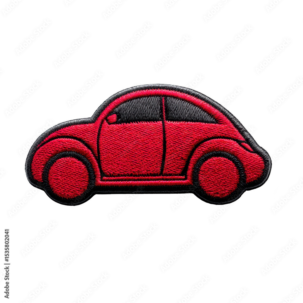 Poster red embroidered patch in shape of classic car with black outline, showcasing simple and playful desi