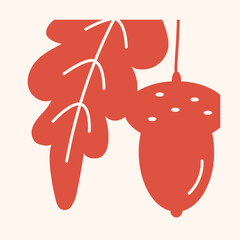 Autumn hand drawn organic shaped leaf with acorn in retro hippie style 60s 70s for seamless pattern, prints and posters. Vector illustration.