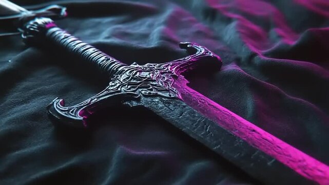 Ornate sword on dark fabric