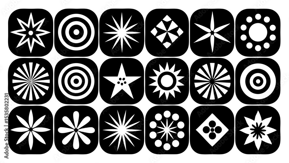 Poster collection of abstract geometric and circular design elements in bold black and white, perfect for d
