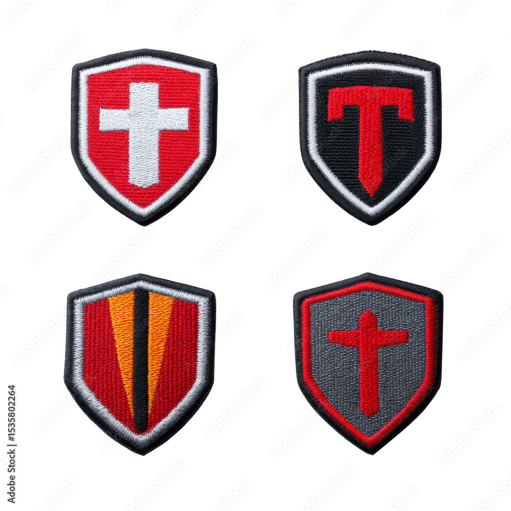 Poster four embroidered shield patches with cross and stripe designs in red, white, and gray, symbolizing p
