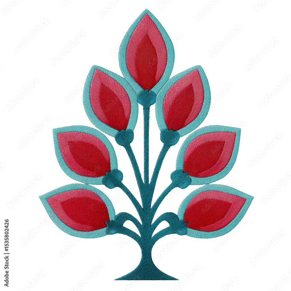 Aufkleber stylized floral embroidery design features symmetrical tree with red and teal leaves, creating vibra