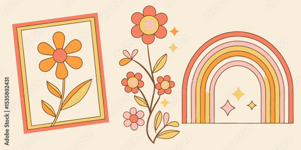 Poster retro flower illustration with rainbow and geometric elements suitable for various design applicatio
