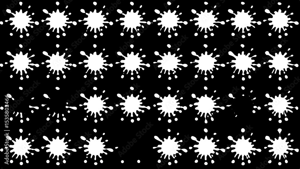 Poster white paint splatters pattern repeated on a black background creating a bold and modern design for v