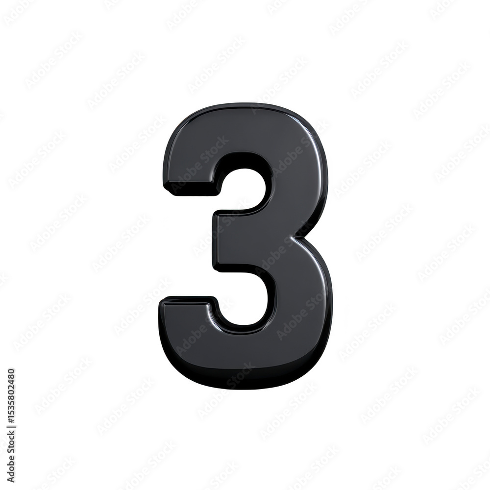 Poster shiny black number three with reflective surface stands out against plain background, creating bold 