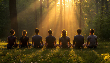 Group of friends sit in forest meditation at sunset. People relaxing, enjoying nature, sharing time together on summer vacation. Team building, corporate retreat activities