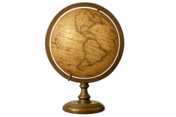 Old globe showing the americas, isolated on transparent background, ideal for travel and education concepts