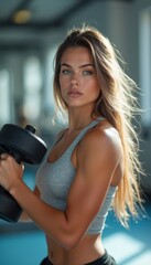 Strong woman lifting dumbbell in a gym