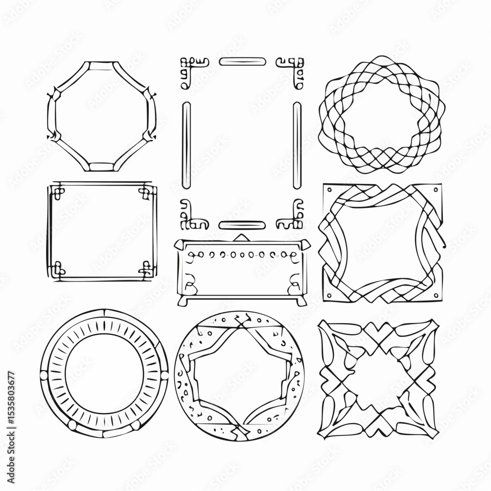 Poster a collection of hand drawn decorative frames and borders in a simple line art style