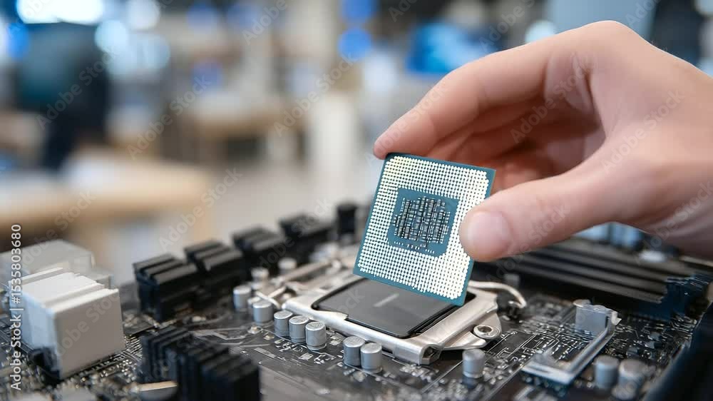 Poster modern workstation environment, hand places processor chip with absolute precision into the socket o