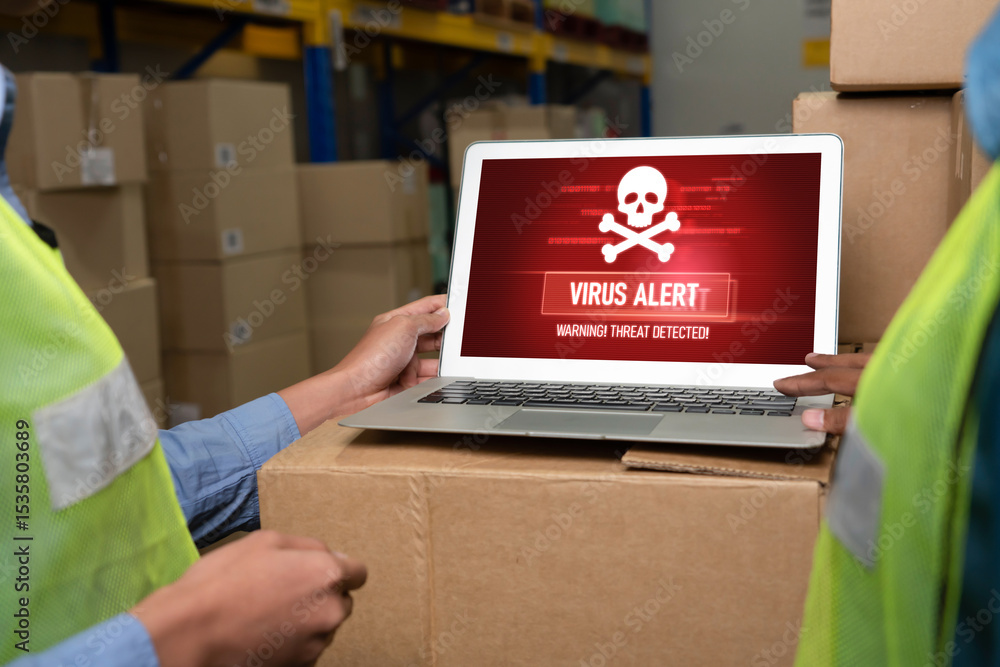 Poster virus warning alert on computer screen detected modish cyber threat , hacker, computer virus and mal