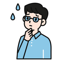 Anxious Asian cartoon man, with glasses, ponders a problem with sweat drops above him