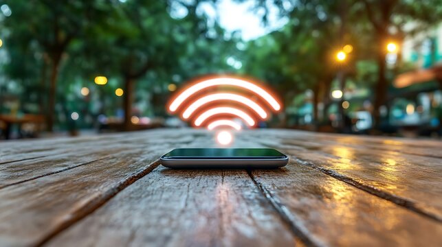 Smartphone with glowing wireless icon on a city street, symbolizing modern connectivity and mobility