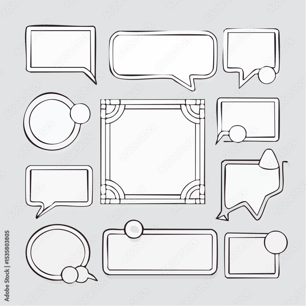 Poster hand-drawn speech bubbles and text boxes in various shapes on a light grey background
