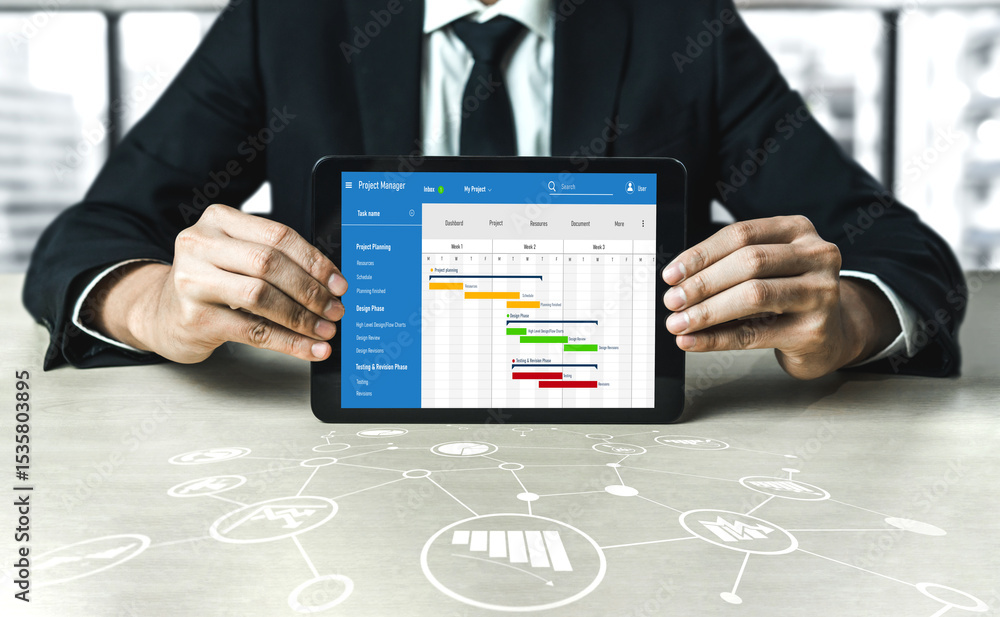 Poster project planning software for modish business project management on the computer screen showing time