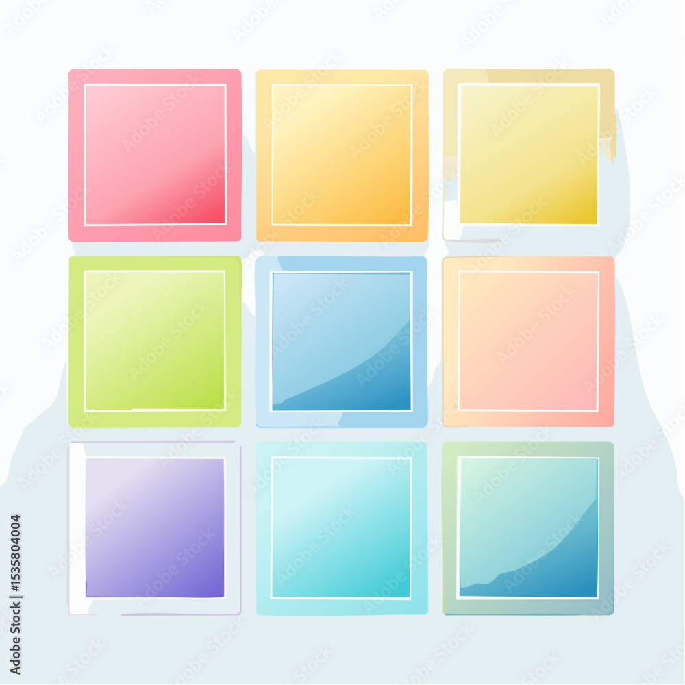 Poster colorful gradient squares arranged in a grid pattern with white borders on a light background
