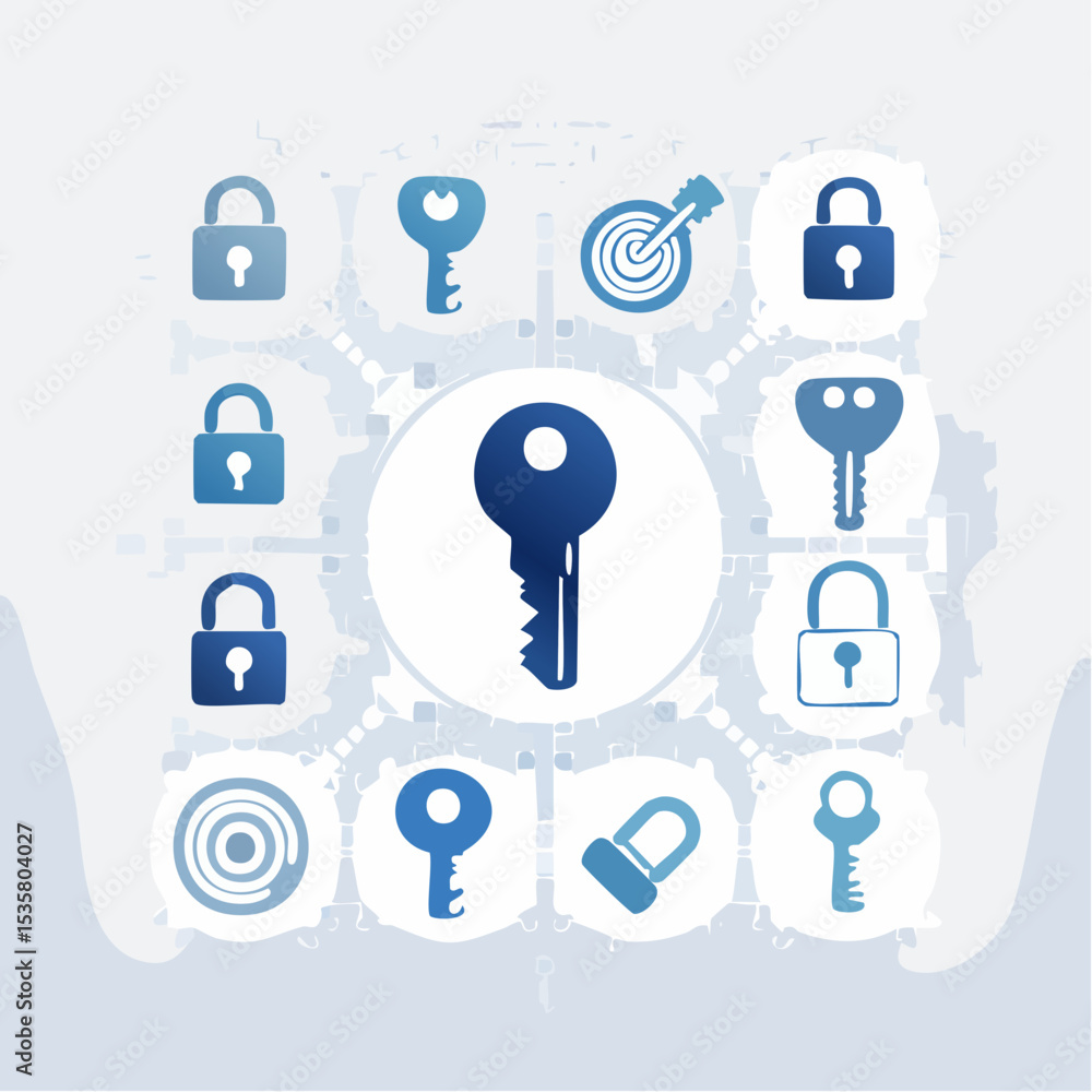 Poster a collection of various keys and locks in a digital vector graphic illustration design