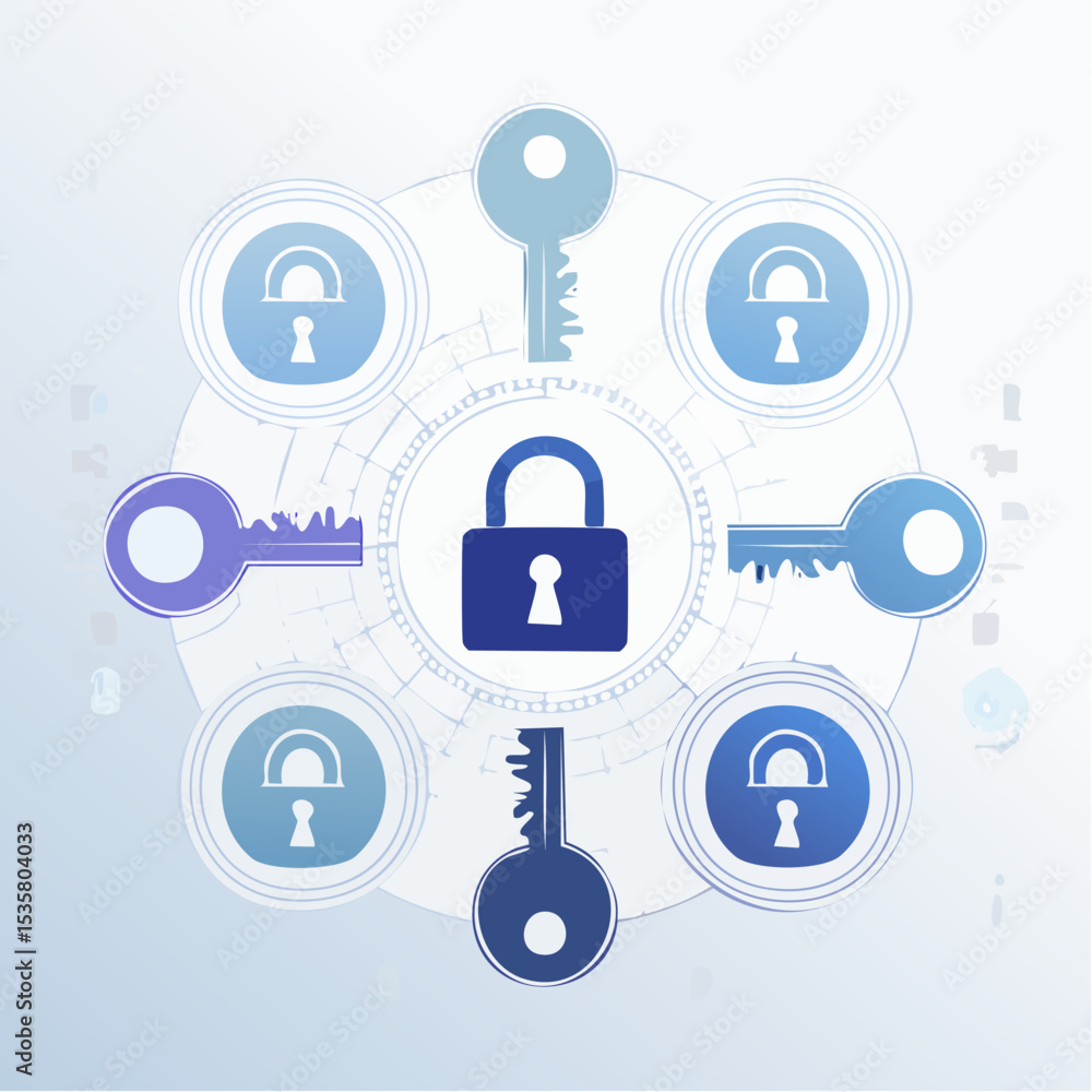 Poster digital security concept featuring padlock and keys arranged in a circular design