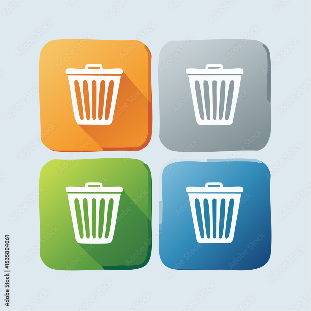 Poster colorful square icons of a trash can symbol in various color palettes vector design