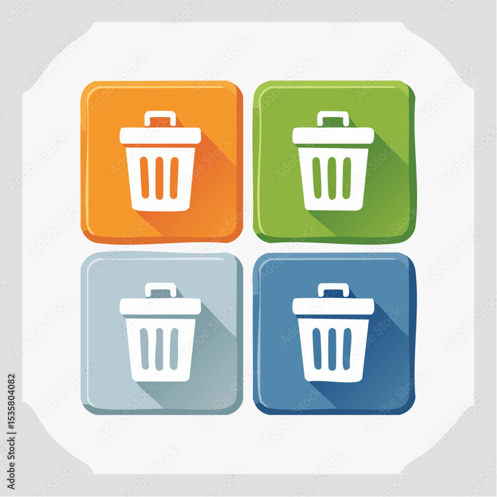 Poster four colorful trash can icons in different square backgrounds, flat design style
