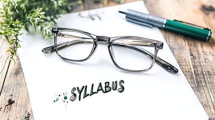Glasses and a pen rest on a syllabus paper with green plants, symbolizing study, planning, and academic focus.