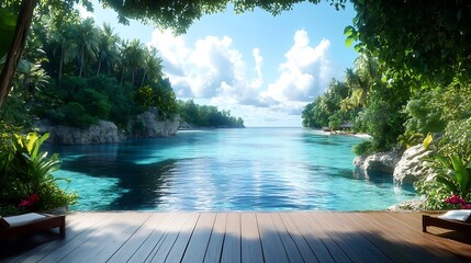 Obraz premium A tropical paradise with turquoise water, lush greenery, and a peaceful wooden deck.