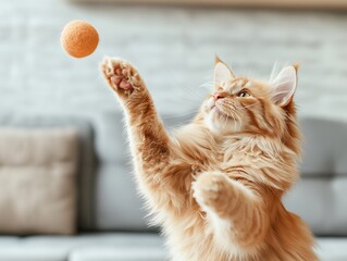 Fluffy ginger cat playing with a ball indoors, lively and curious in a cozy apartment setting.