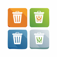 Colorful trash can icon designs with different color backgrounds in a flat style
