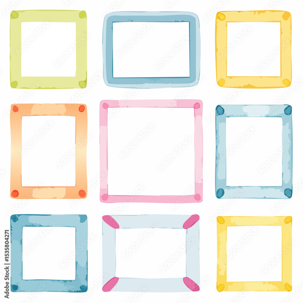 Poster watercolor style frames in various colors arranged on a white background for design elements