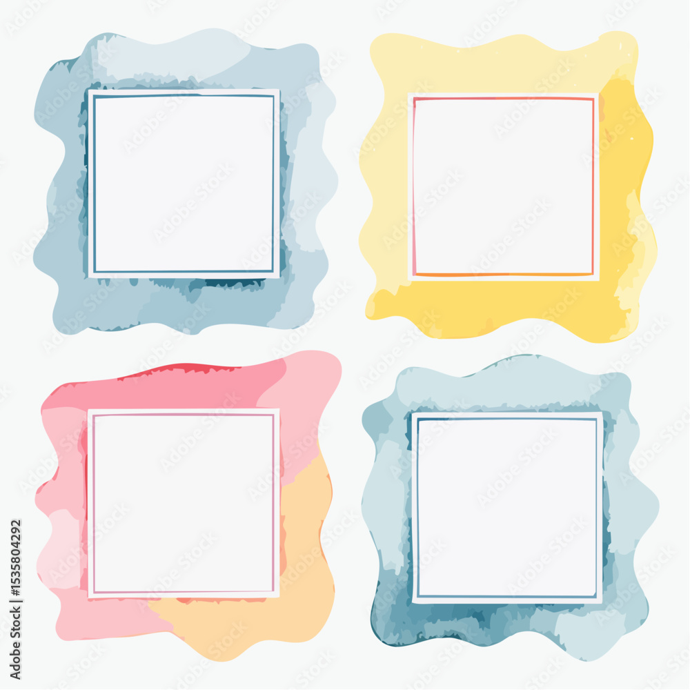 Poster four colorful watercolor frames with square white spaces for text or imagery