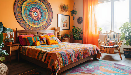 Vibrant 70s bedroom with psychedelic art design on walls. Interior features double bed with colorful patchwork quilt, lamps, armchair. Vintage decor, home design