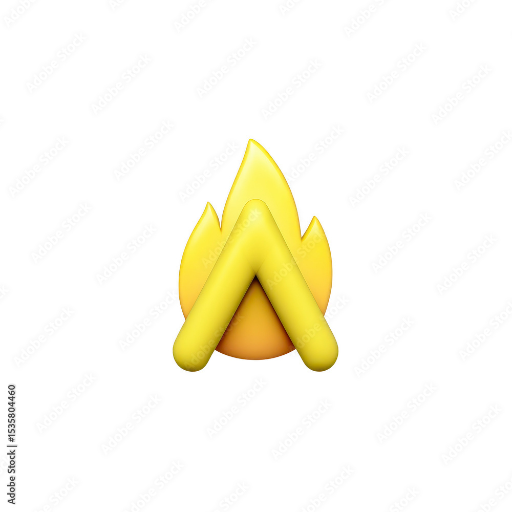 Poster stylized yellow flame icon with minimalist design, featuring triangular shape in center, symbolizing