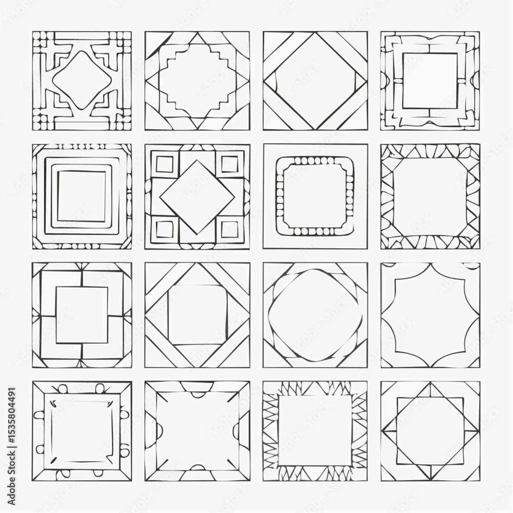 Poster artistic geometric pattern frames in a grid with various shapes and detailed designs
