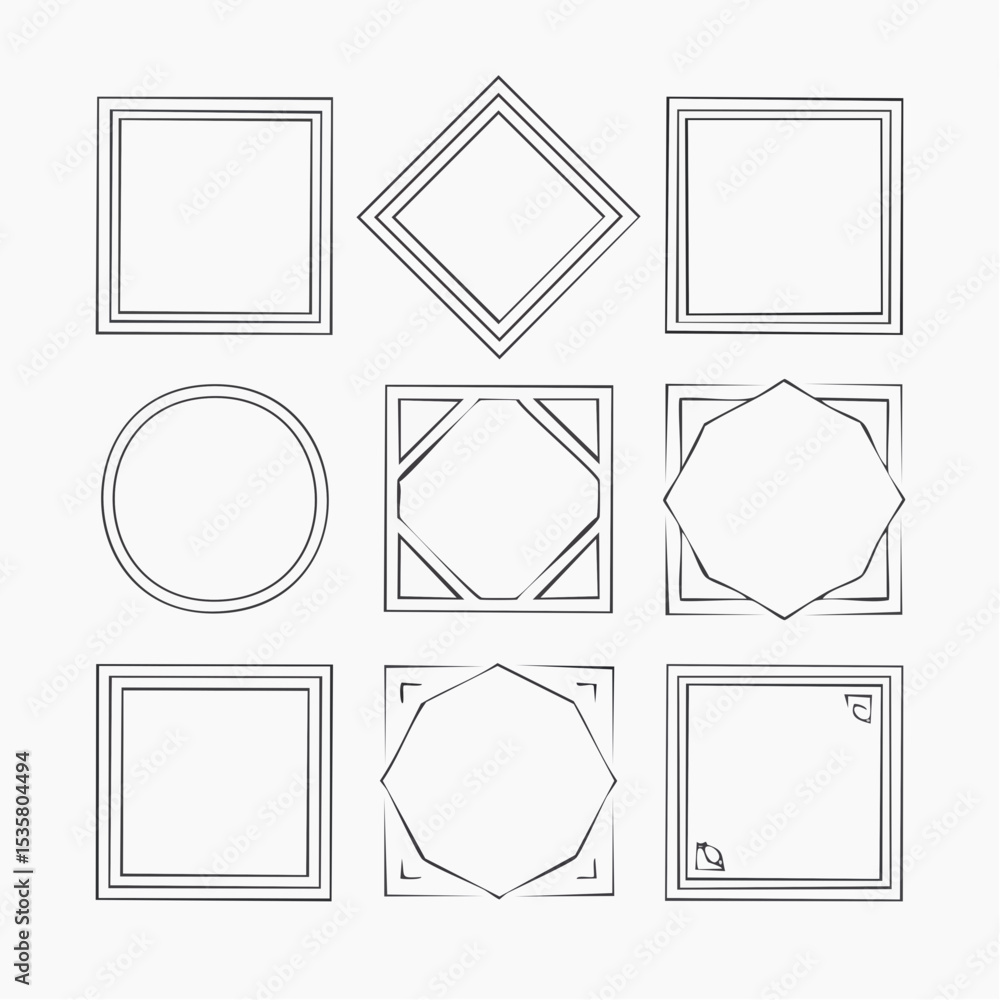 Poster nine different geometric frame designs in a grid layout on a white background