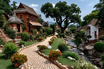 Colorful village trail under large tree high resolution photo