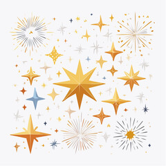 A collection of various golden stars and burst elements on a white background for design