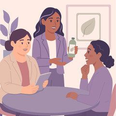 Three diverse businesswomen discussing an eco-friendly product in a modern office. Flat vector style, soft pastel colors, sustainability, leadership, and green business strategy concept.