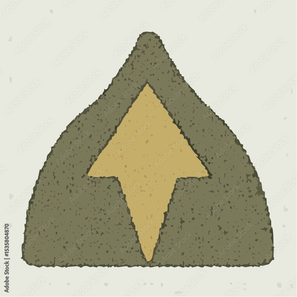 Poster illustration of a textured arrow pointing upwards within a triangular shape on a light background
