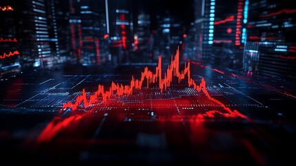 Fototapeta premium Dynamic red financial graph rises against a digital cityscape background, representing stock market growth