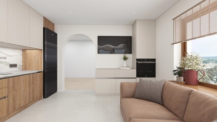 Modern kitchen-living room with minimalist design. Features wood and marble textures, built-in appliances, arched doorway, and large window with countryside view